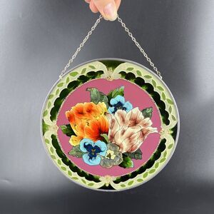 Joan Baker Designs Art Glass Suncatcher Bright Flowers Hand Painted Bird Garden